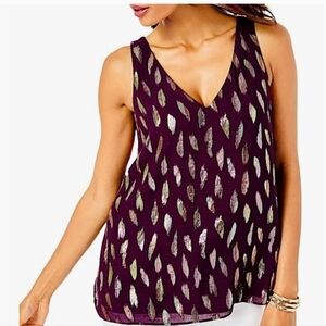 Lilly Pulitzer Florin Sleeveless V Neck Metallic Feathers Cherry Ganache Large